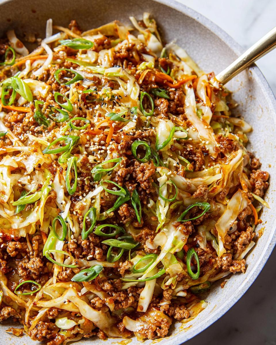 Close-up of a flavorful Egg Roll in a Bowl with ground meat, cabbage, carrots, and green onions.