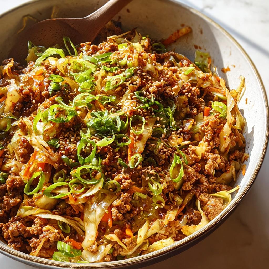 A close-up overhead view of a hearty Egg Roll in a Bowl, featuring ground meat, cabbage, carrots, and green onions.