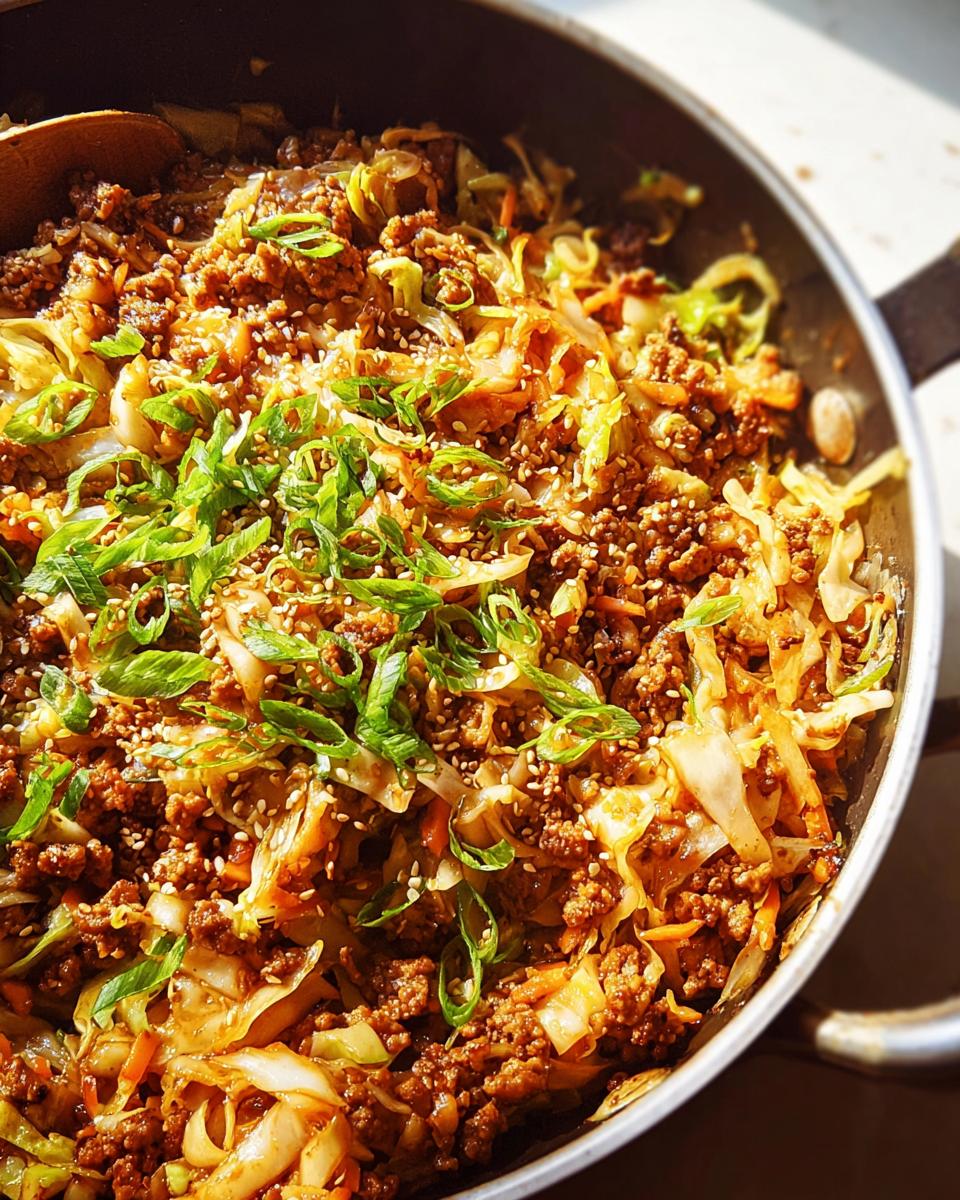 A close-up view of a skillet filled with Egg Roll in a Bowl, featuring ground meat, cabbage, carrots, and green onions.
