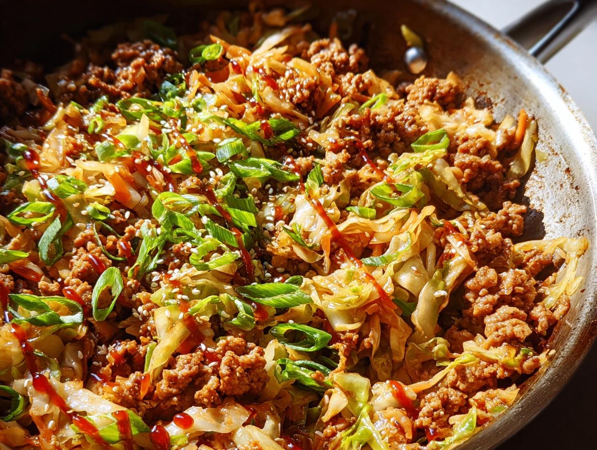 Close-up of a skillet filled with Egg Roll in a Bowl, featuring ground meat, cabbage, and green onions.