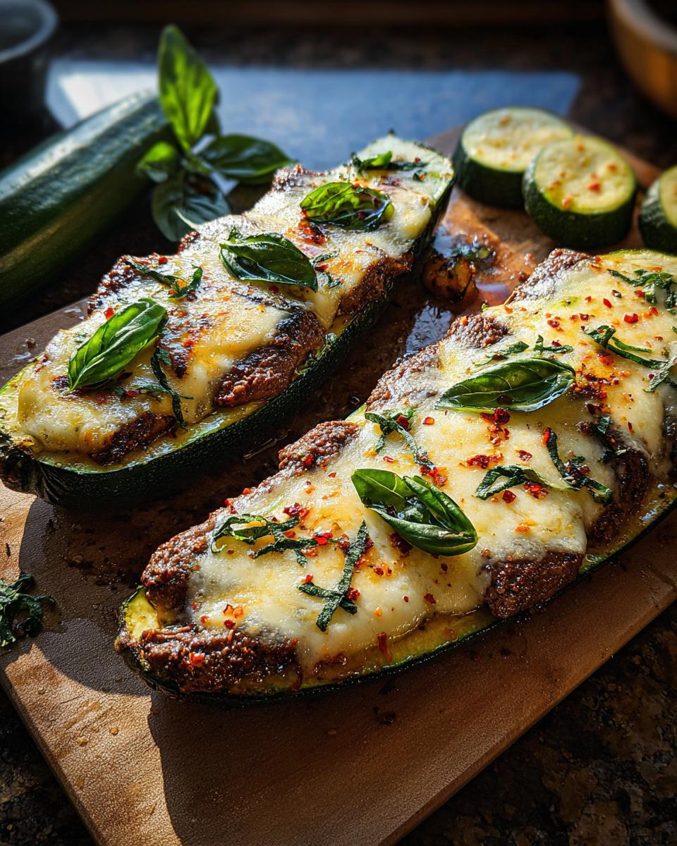 Two halves of zucchini boats filled with a savory mixture, topped with melted cheese, fresh basil, and red pepper flakes.