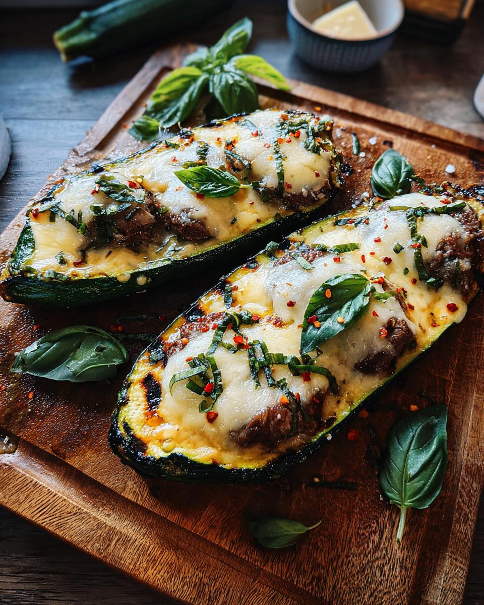 Two halves of zucchini stuffed with garlic butter steak and melted cheese, garnished with basil and chili flakes.