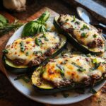 Three halves of stuffed zucchini with garlic butter steak filling and melted cheese, garnished with basil and chili flakes.