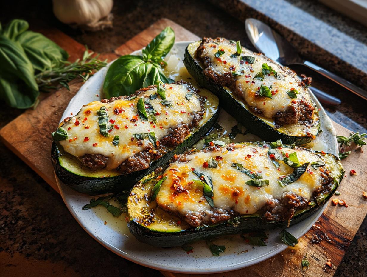 Three halves of stuffed zucchini with garlic butter steak filling and melted cheese, garnished with basil and chili flakes.