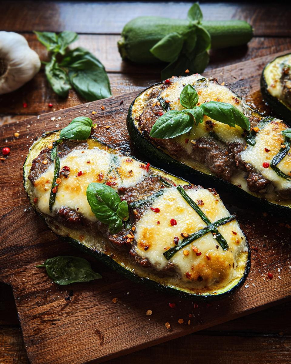 Close-up of baked zucchini boats filled with steak and cheese, garnished with basil.