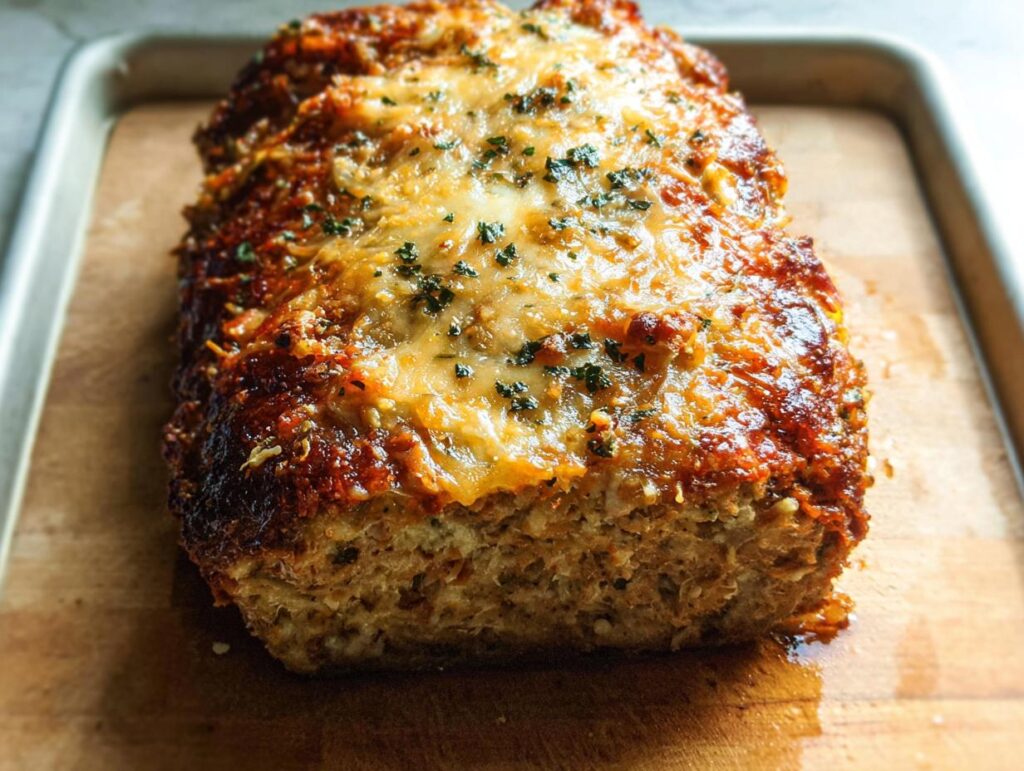 A whole Garlic Parmesan Chicken Meatloaf baked to golden perfection with melted cheese and herbs on top.