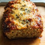 A whole Garlic Parmesan Chicken Meatloaf baked to golden perfection with melted cheese and herbs on top.