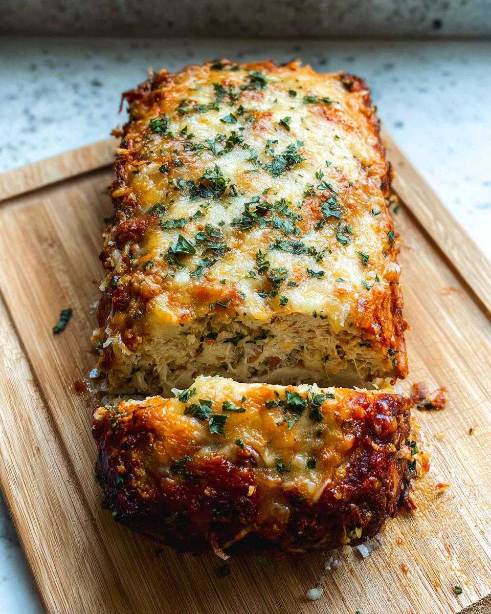 A delicious Garlic Parmesan Chicken Meatloaf, topped with melted cheese and fresh parsley, sliced on a wooden board.