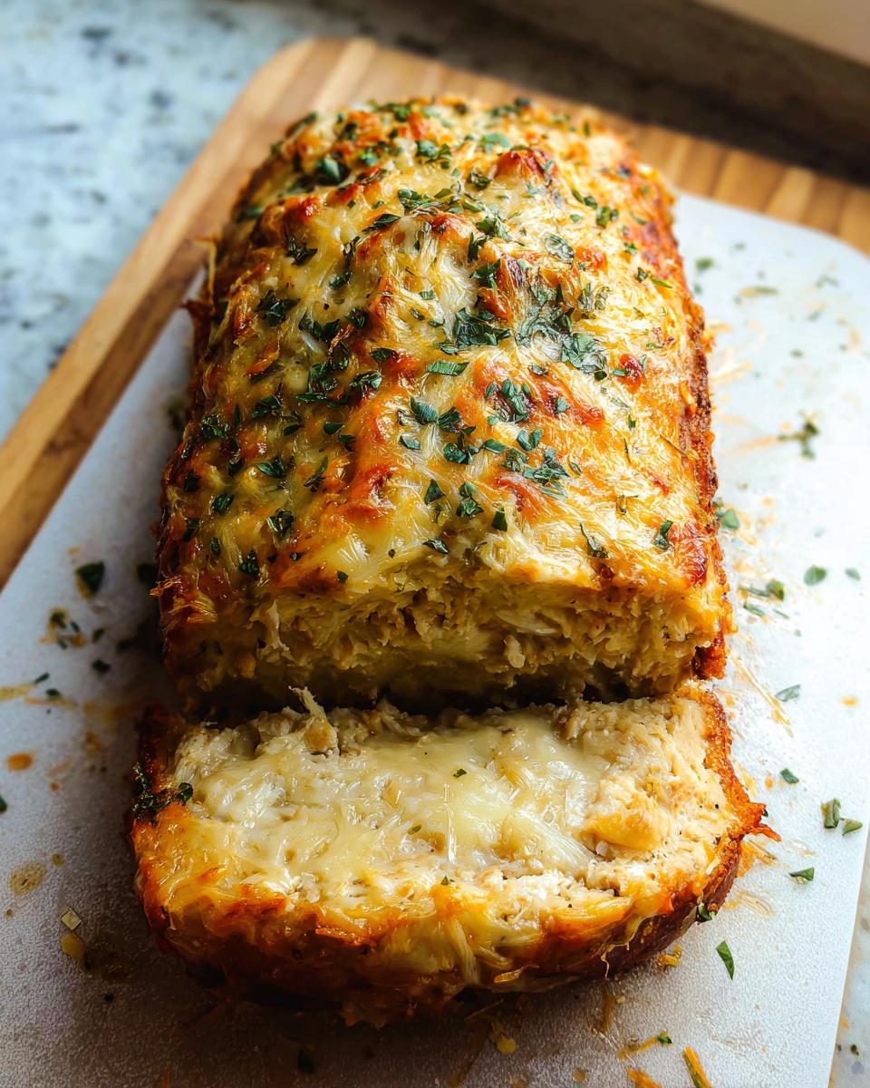 A close-up of a sliced Garlic Parmesan Chicken Meatloaf topped with melted cheese and parsley.