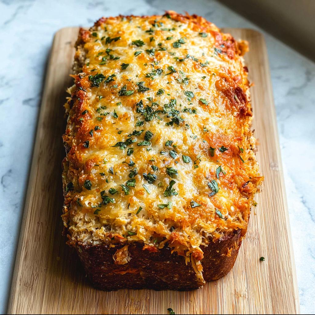 A golden brown Garlic Parmesan Chicken Meatloaf topped with melted cheese and fresh parsley, served on a wooden cutting board.