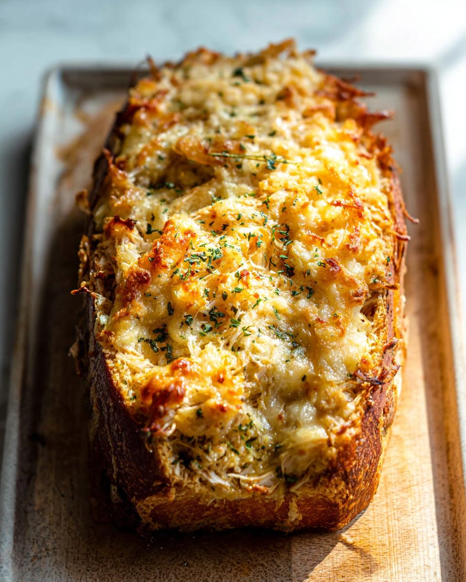 A golden-brown loaf of Garlic Parmesan Chicken Meatloaf topped with melted cheese and herbs.