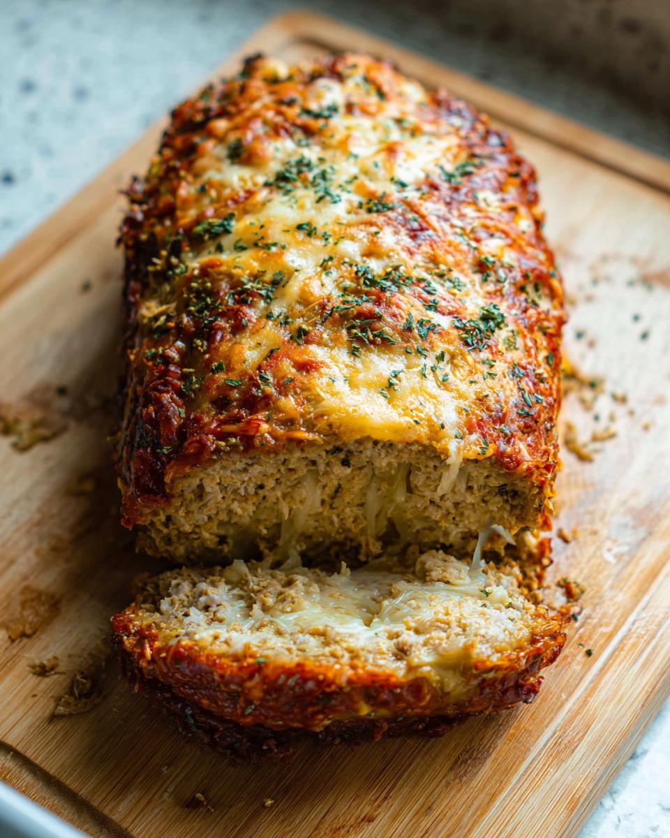 A slice of delicious Garlic Parmesan Chicken Meatloaf with melted cheese and herbs on a wooden cutting board.