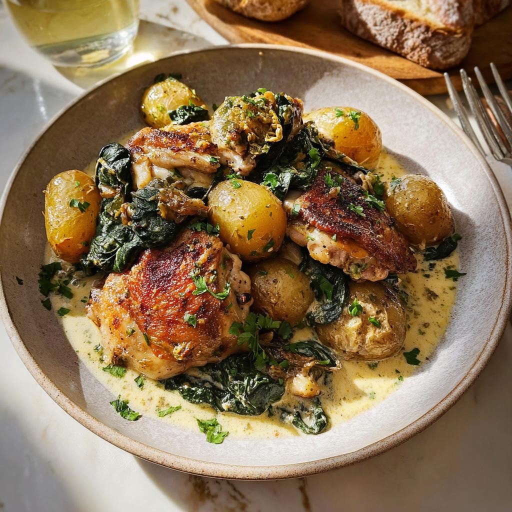 A delicious plate of Garlic Parmesan Chicken Thighs and Potatoes, served with creamy sauce and spinach.