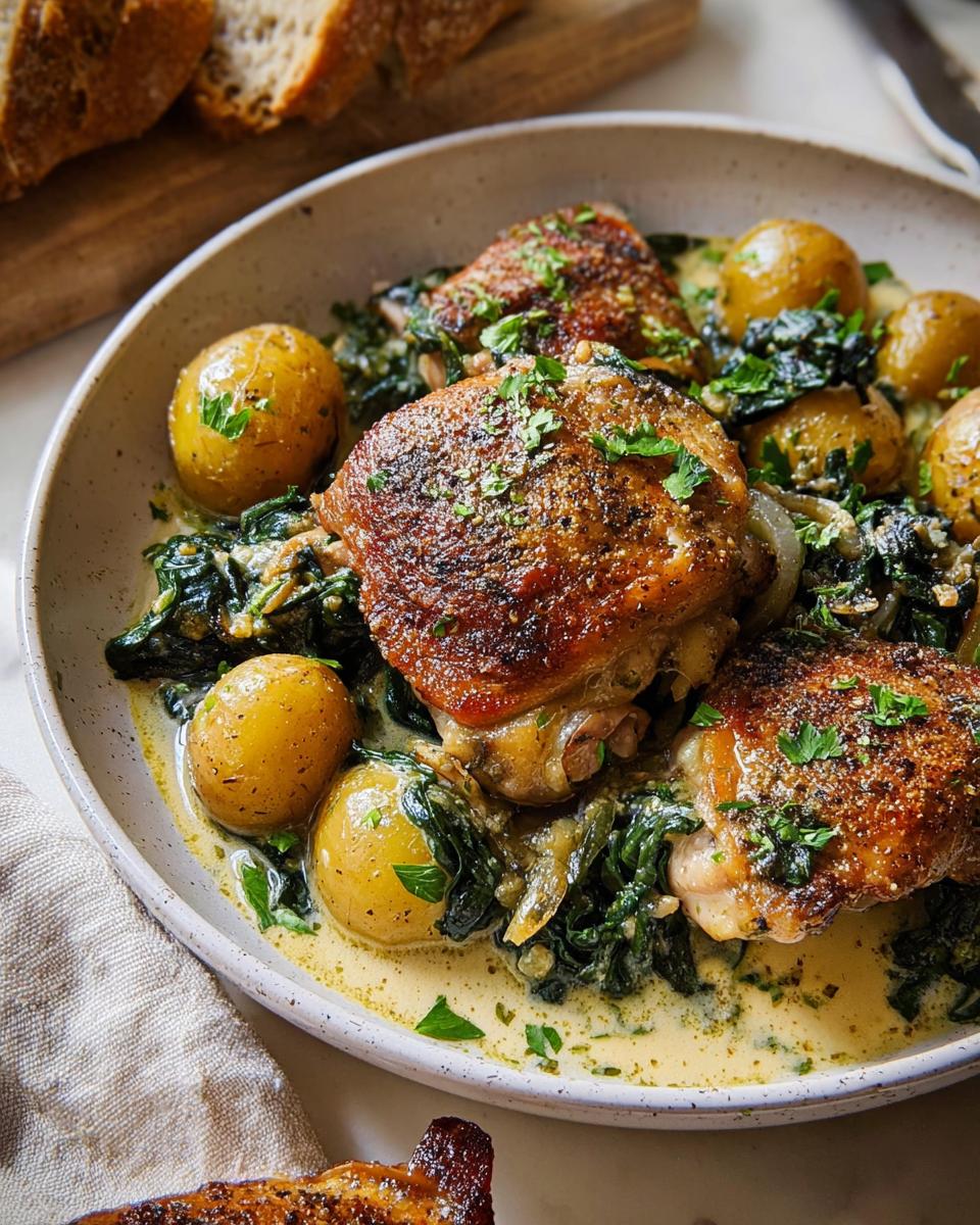 A close-up of Garlic Parmesan Chicken Thighs and Potatoes in a creamy sauce, garnished with parsley.