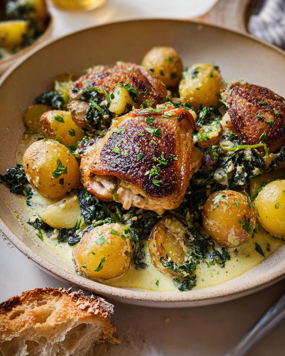 A close-up of Garlic Parmesan Chicken Thighs and Potatoes in a creamy sauce, garnished with parsley.