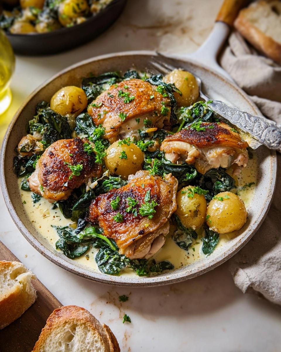 A close-up of Garlic Parmesan Chicken Thighs and Potatoes in a creamy sauce, garnished with parsley.