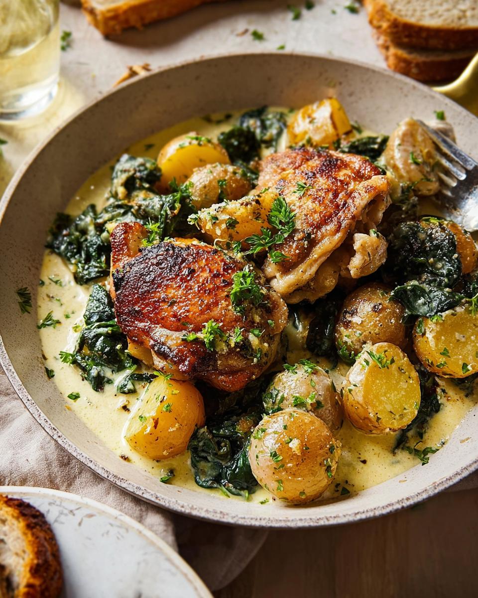 A close-up of Garlic Parmesan Chicken Thighs and Potatoes in a creamy sauce, garnished with parsley.