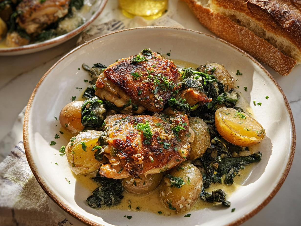 A close-up of Garlic Parmesan Chicken Thighs and Potatoes served in a creamy sauce with spinach and garnished with parsley.