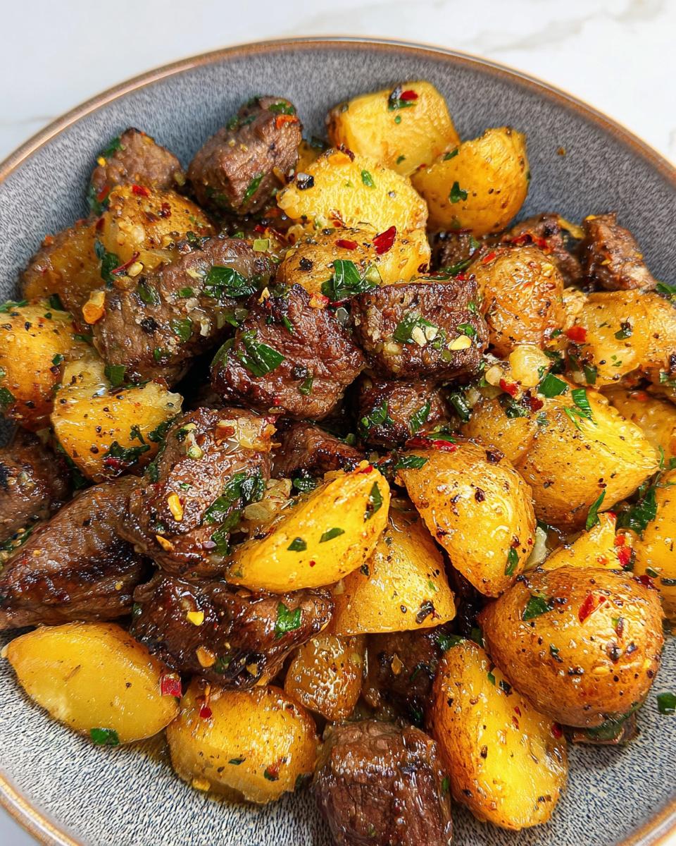 Close-up of delicious garlic steak bites and potatoes, seasoned with herbs and chili flakes.