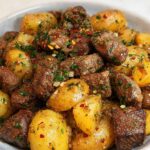 Close-up of tender garlic steak bites mixed with golden roasted potatoes, seasoned with herbs and chili flakes.