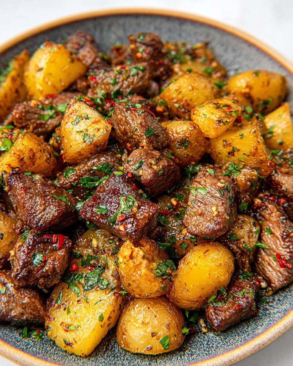 Close-up of delicious garlic steak bites and roasted potatoes, seasoned with herbs and chili flakes.