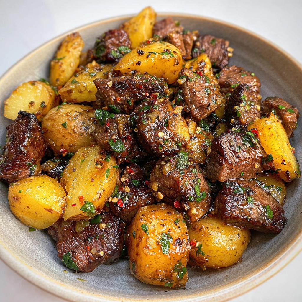 Close-up of a bowl filled with juicy garlic steak bites and golden roasted potatoes, seasoned with herbs and chili flakes.