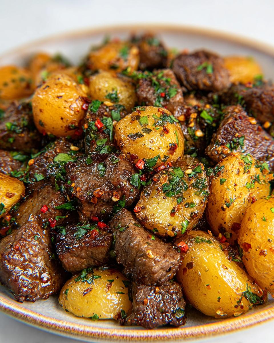 A close-up of delicious garlic steak bites and potatoes, seasoned with herbs and chili flakes.