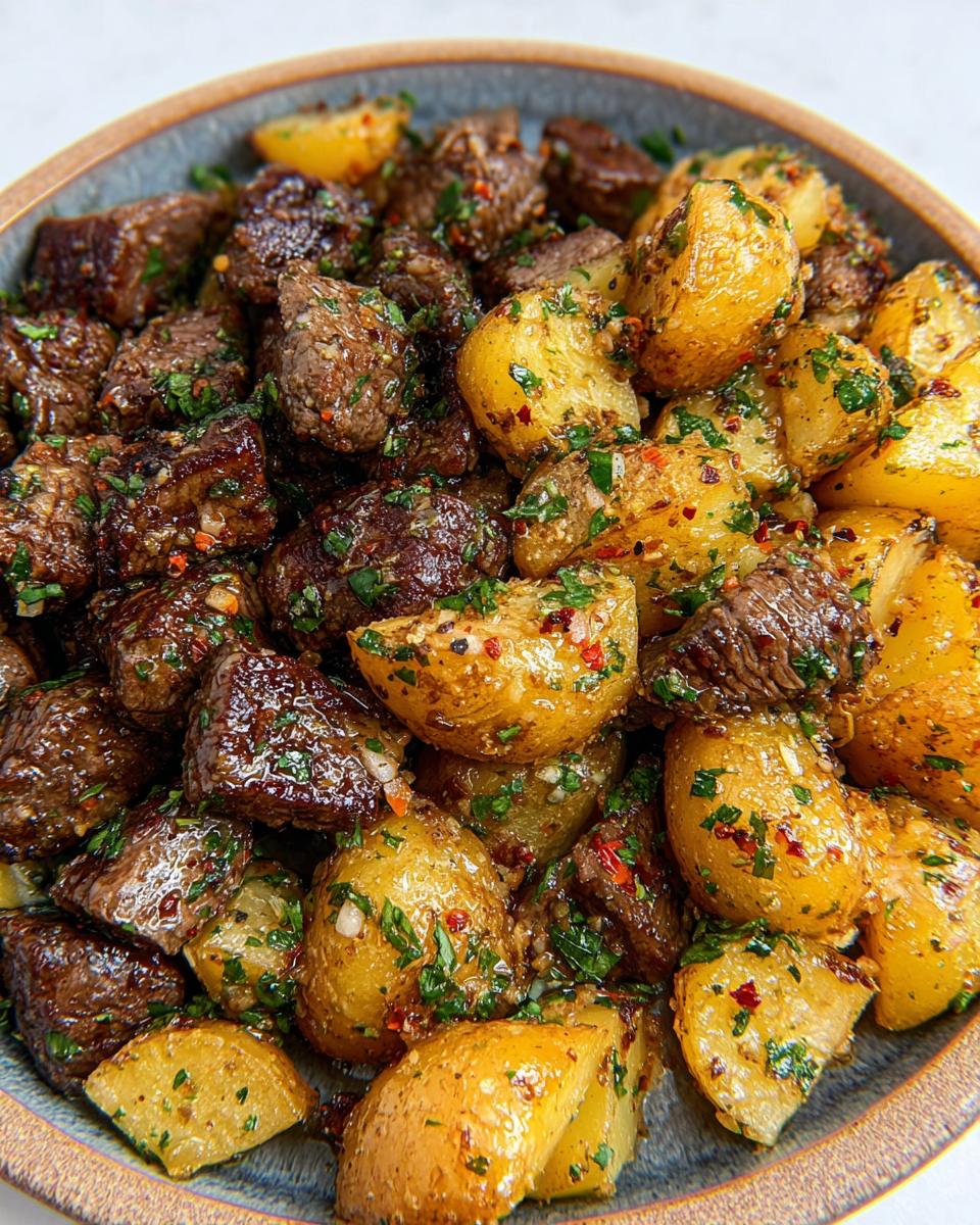 Close-up of delicious garlic steak bites and roasted potatoes seasoned with herbs and chili flakes.