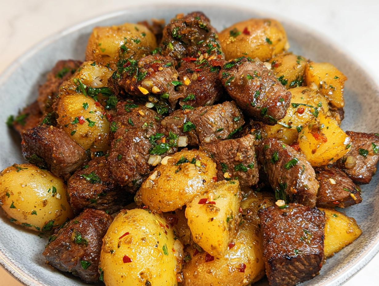 Close-up of tender garlic steak bites mixed with golden roasted potatoes, seasoned with herbs and chili flakes.