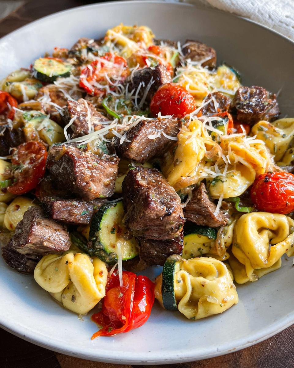 A close-up of Garlic Steak Tortellini pasta dish with chunks of steak, zucchini, and cherry tomatoes, topped with shredded cheese.