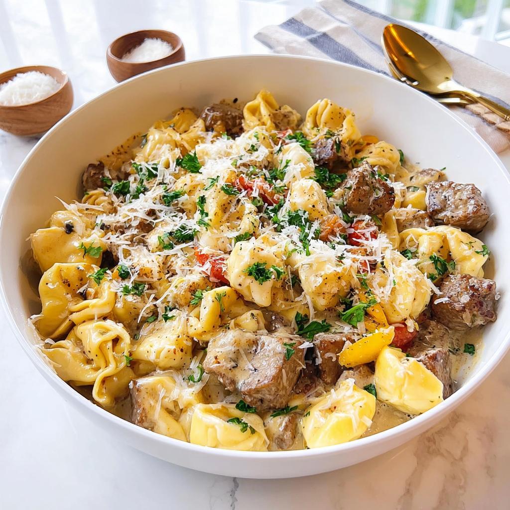 A generous bowl of Garlic Steak Tortellini, featuring pasta, steak bites, and a creamy sauce, topped with Parmesan and parsley.