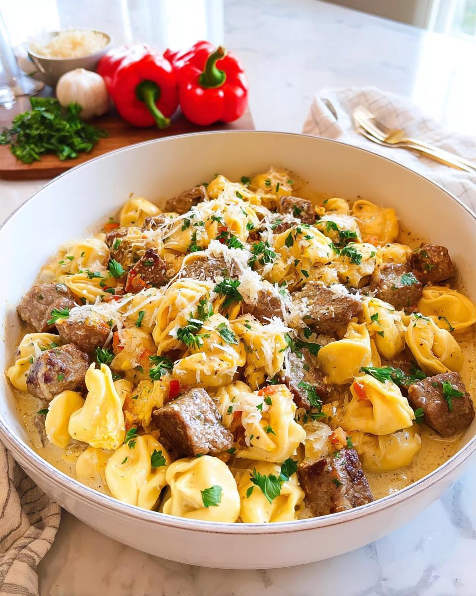 A bowl of creamy Garlic Steak Tortellini topped with fresh parsley and grated cheese.