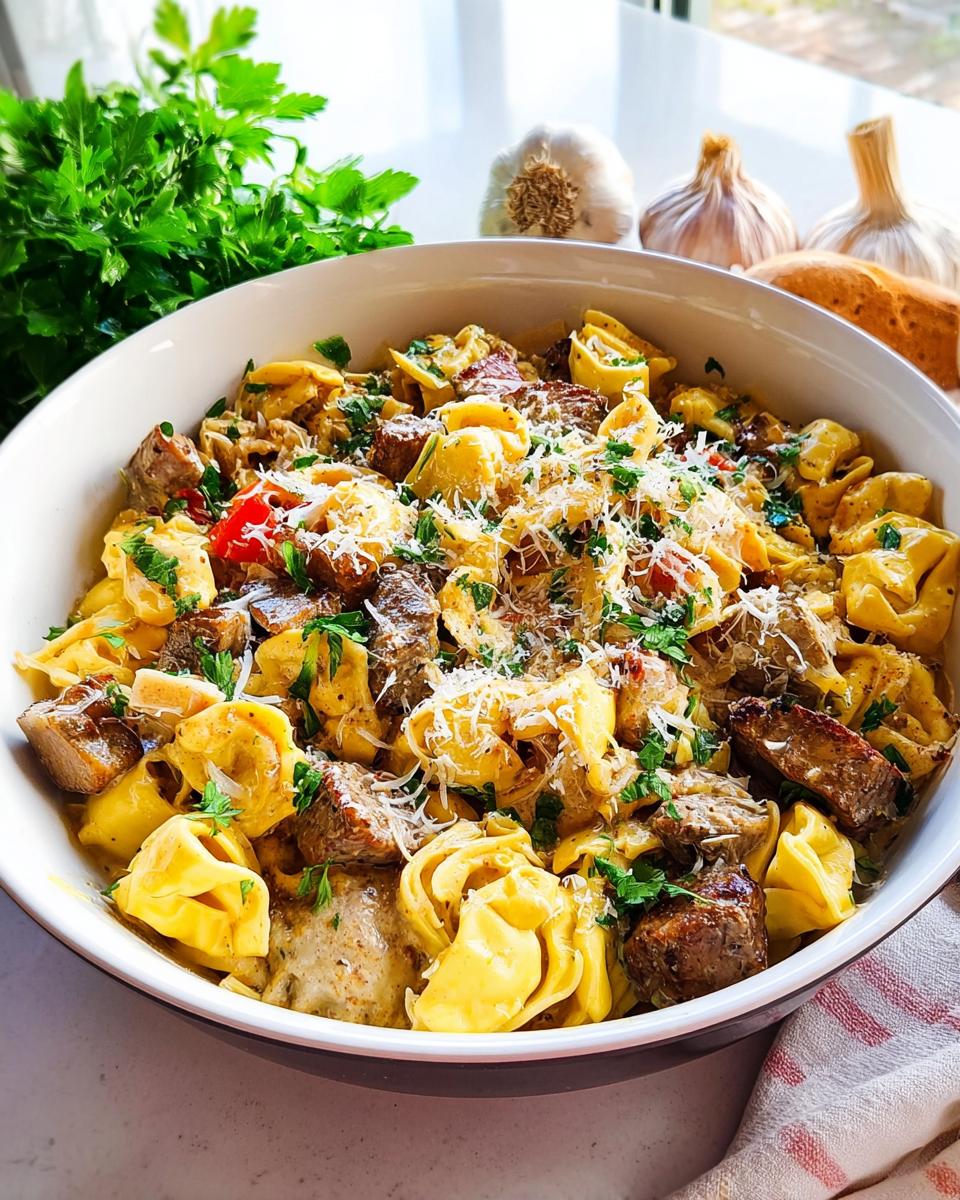 A generous bowl of Speedy Garlic Steak Tortellini, garnished with fresh parsley and grated Parmesan cheese.