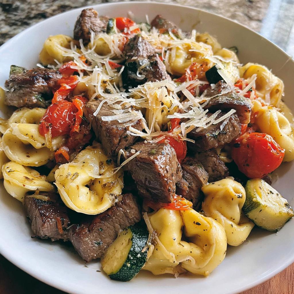 A close-up of a white bowl filled with Garlic Steak Tortellini, featuring tender steak bites, cherry tomatoes, zucchini slices, and grated Parmesan cheese.