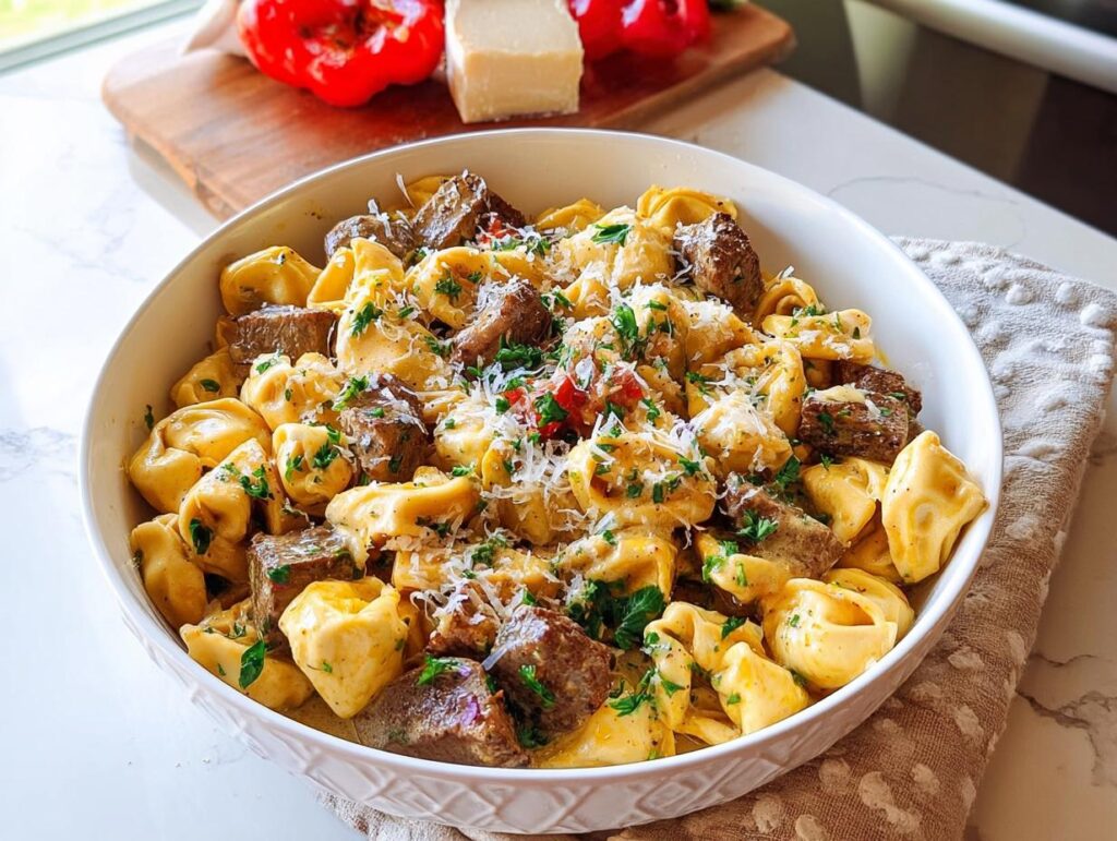 A bowl of creamy Garlic Steak Tortellini topped with fresh parsley and grated cheese.