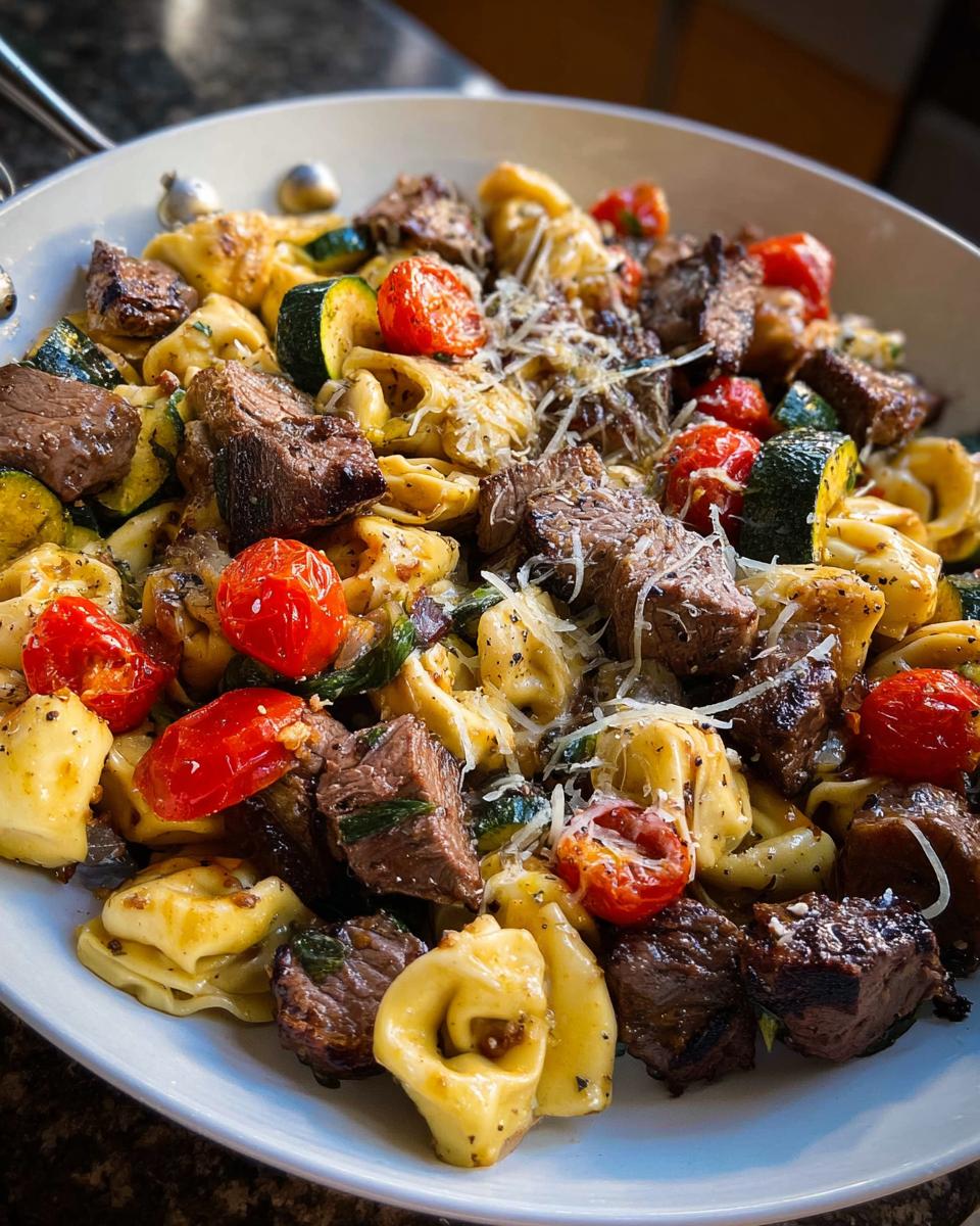 A close-up of Garlic Steak Tortellini pasta dish with grilled steak, zucchini slices, and cherry tomatoes, topped with grated cheese.