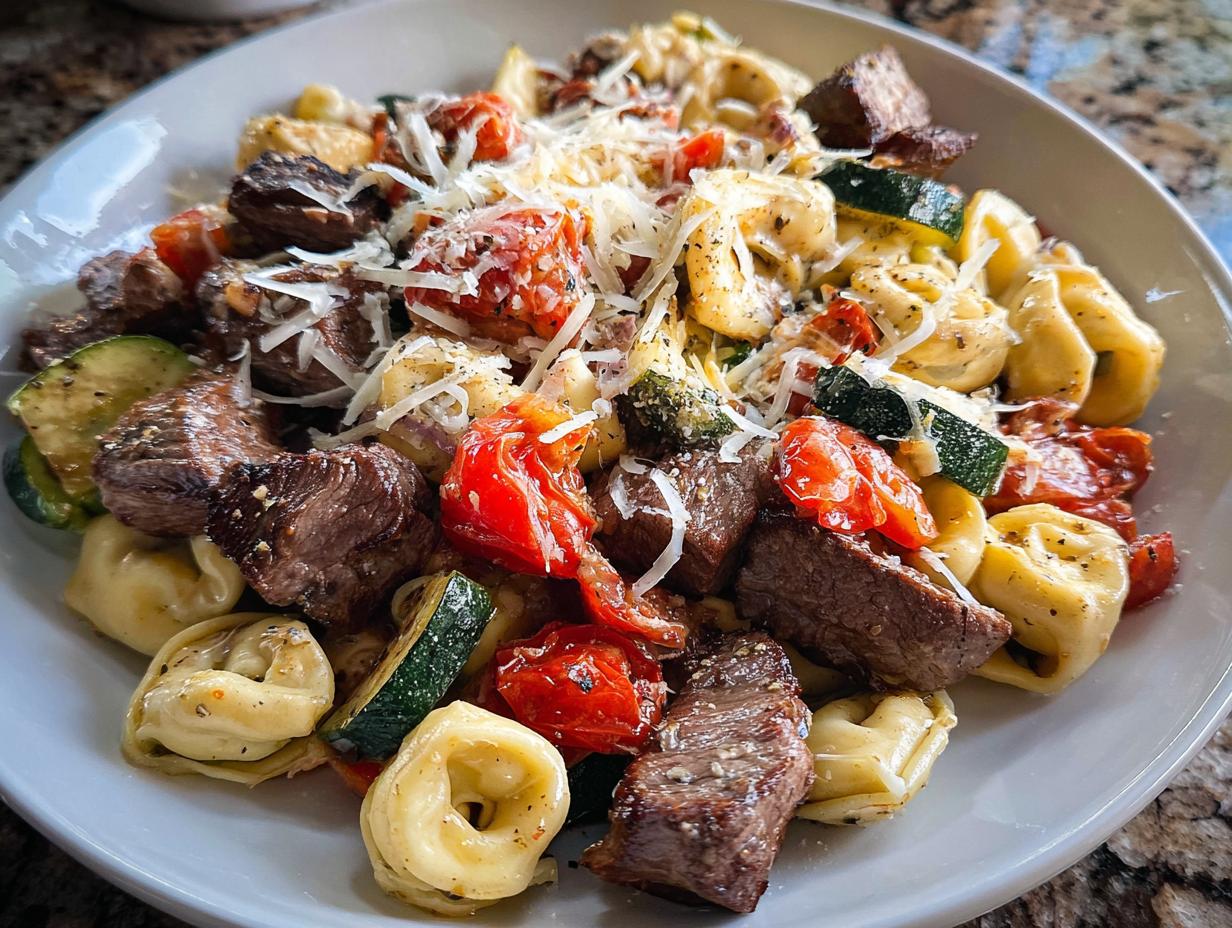 A close-up of Garlic Steak Tortellini pasta dish with chunks of steak, zucchini, and cherry tomatoes, topped with shredded cheese.