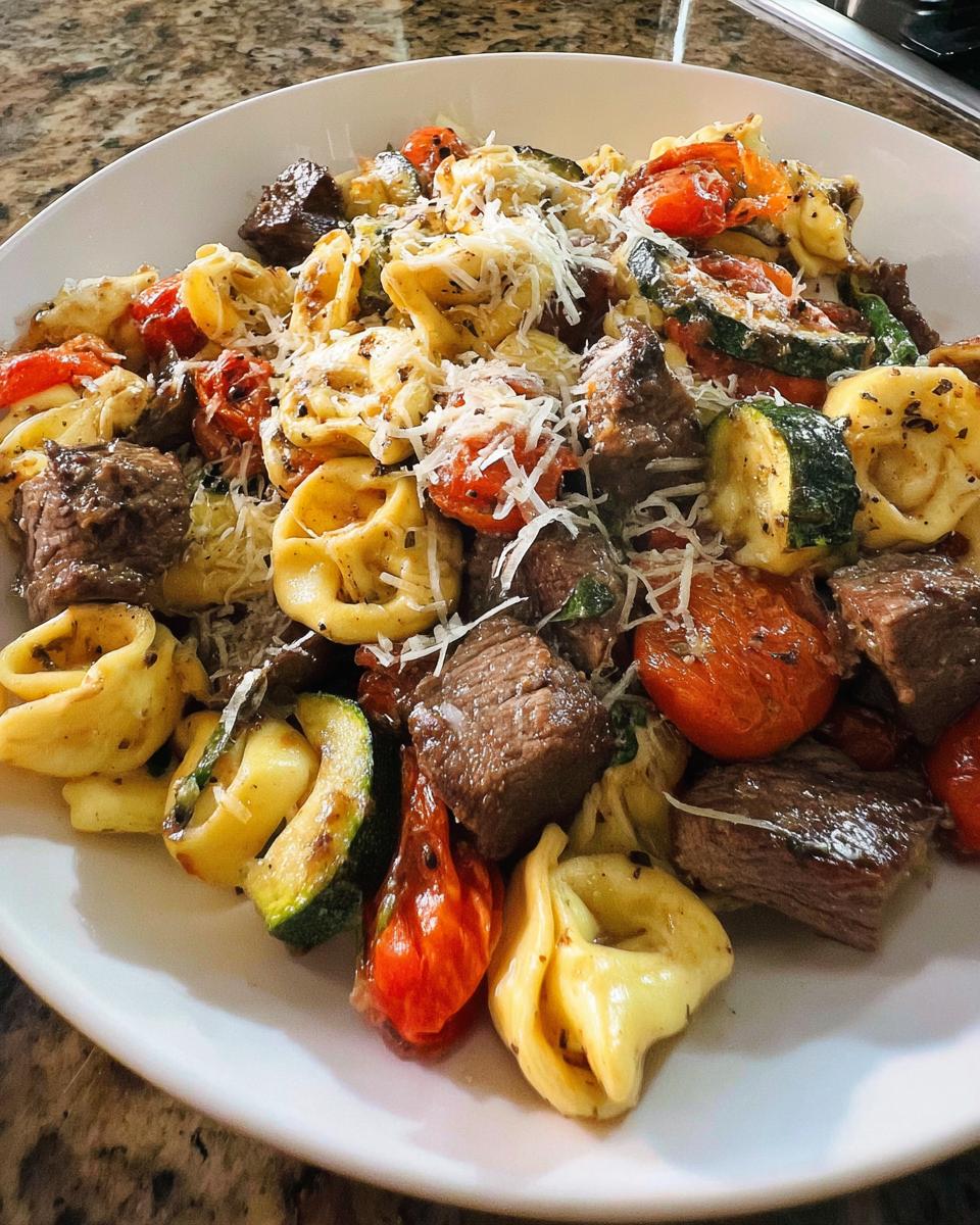 A generous serving of Garlic Steak Tortellini mixed with grilled zucchini, cherry tomatoes, and steak pieces, topped with grated Parmesan cheese.