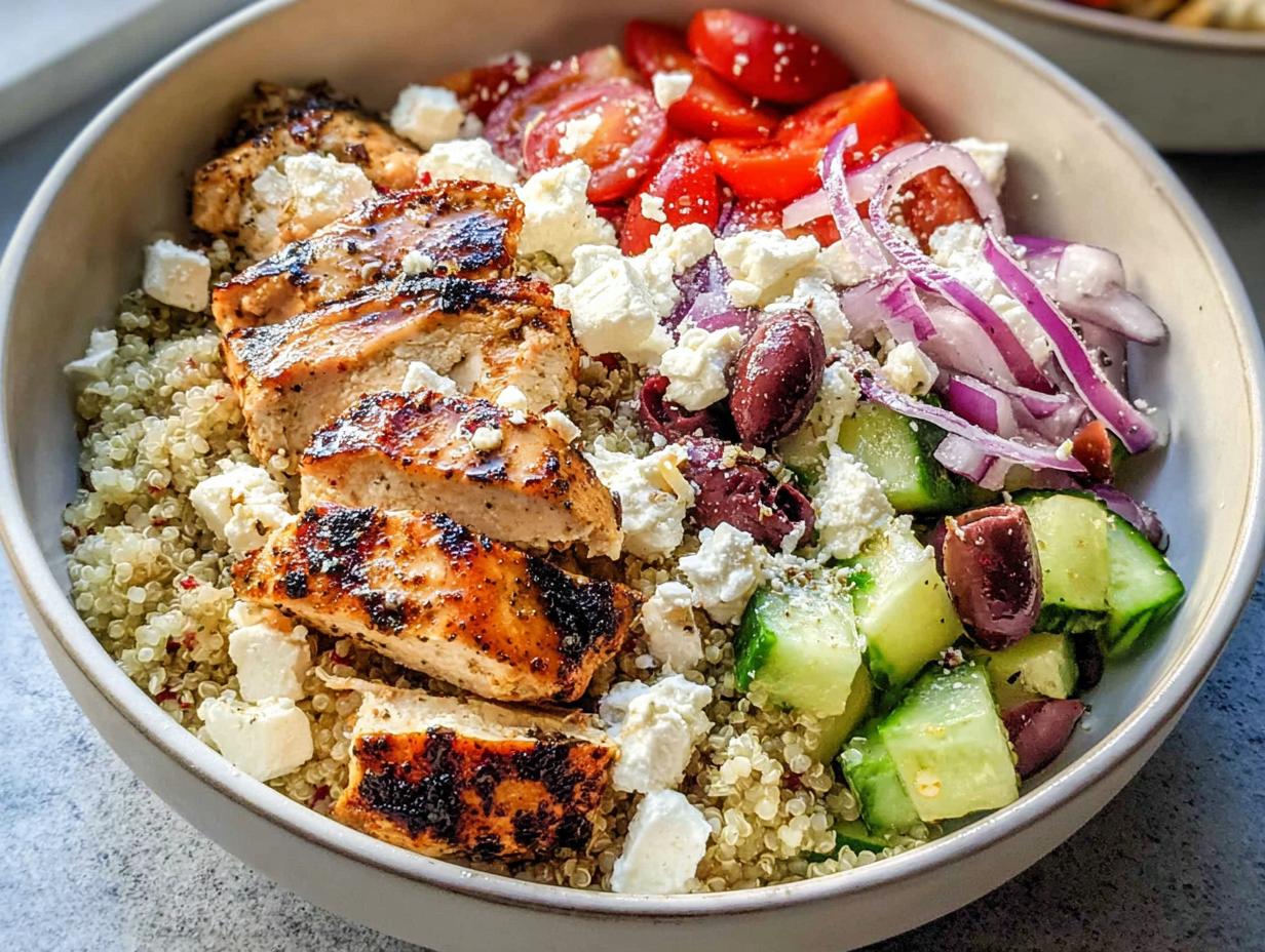 A close-up of a healthy Greek Chicken Bowl with grilled chicken, quinoa, tomatoes, cucumbers, olives, red onion, and feta cheese.