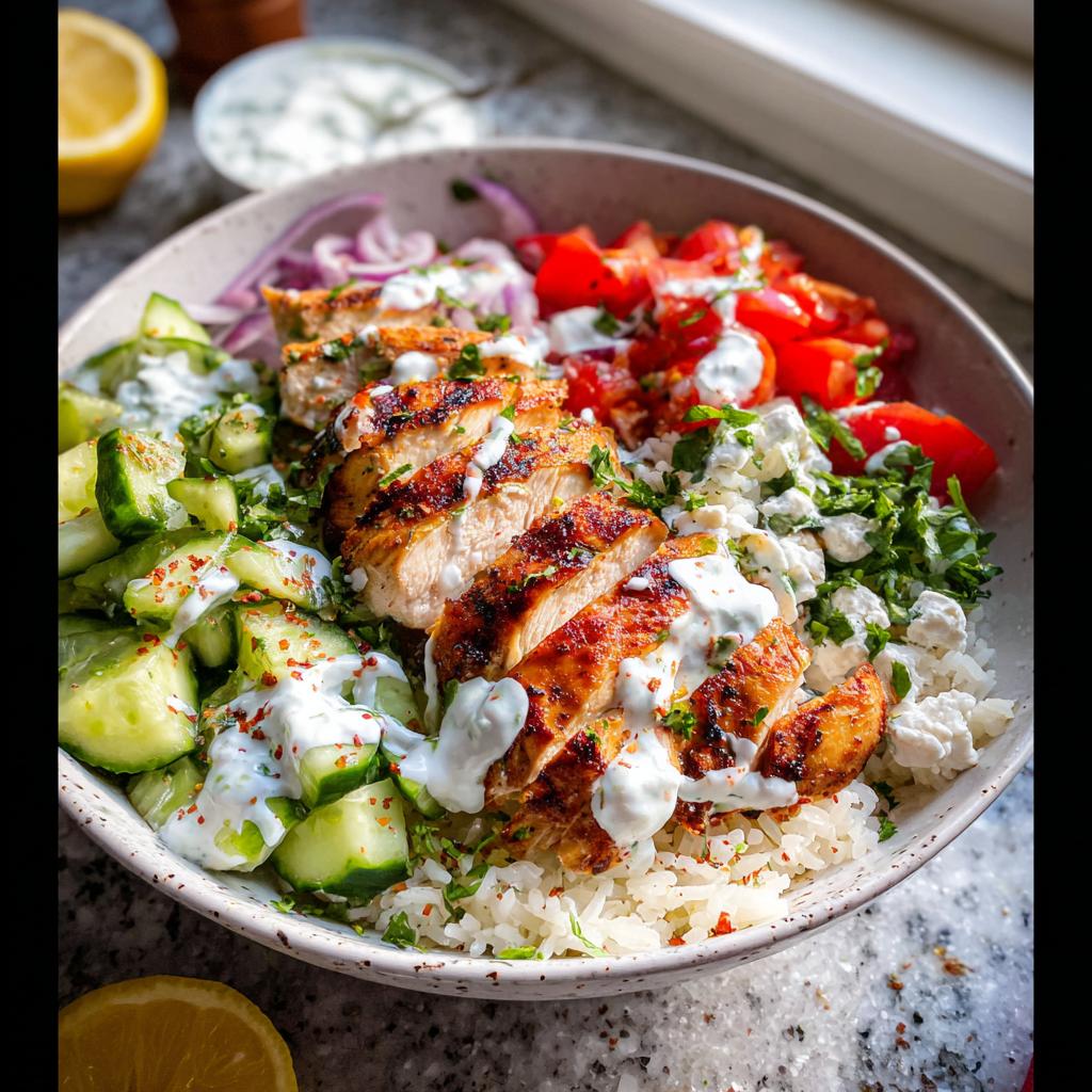 A vibrant bowl of Greek Chicken Bowls featuring grilled chicken, rice, cucumber, tomatoes, feta, and a creamy sauce.