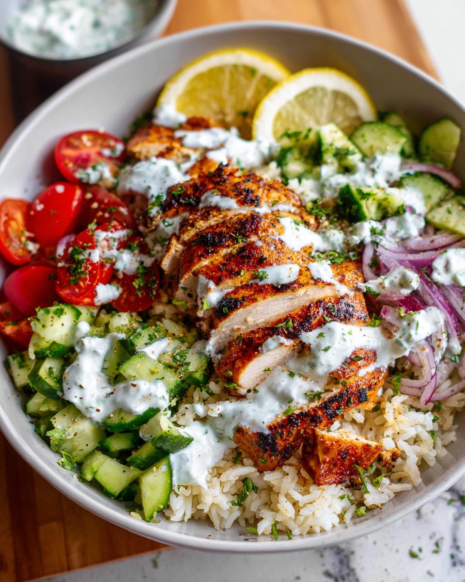 Close-up of a Greek Chicken Bowl featuring sliced grilled chicken, rice, cucumber, tomatoes, red onion, and tzatziki sauce.