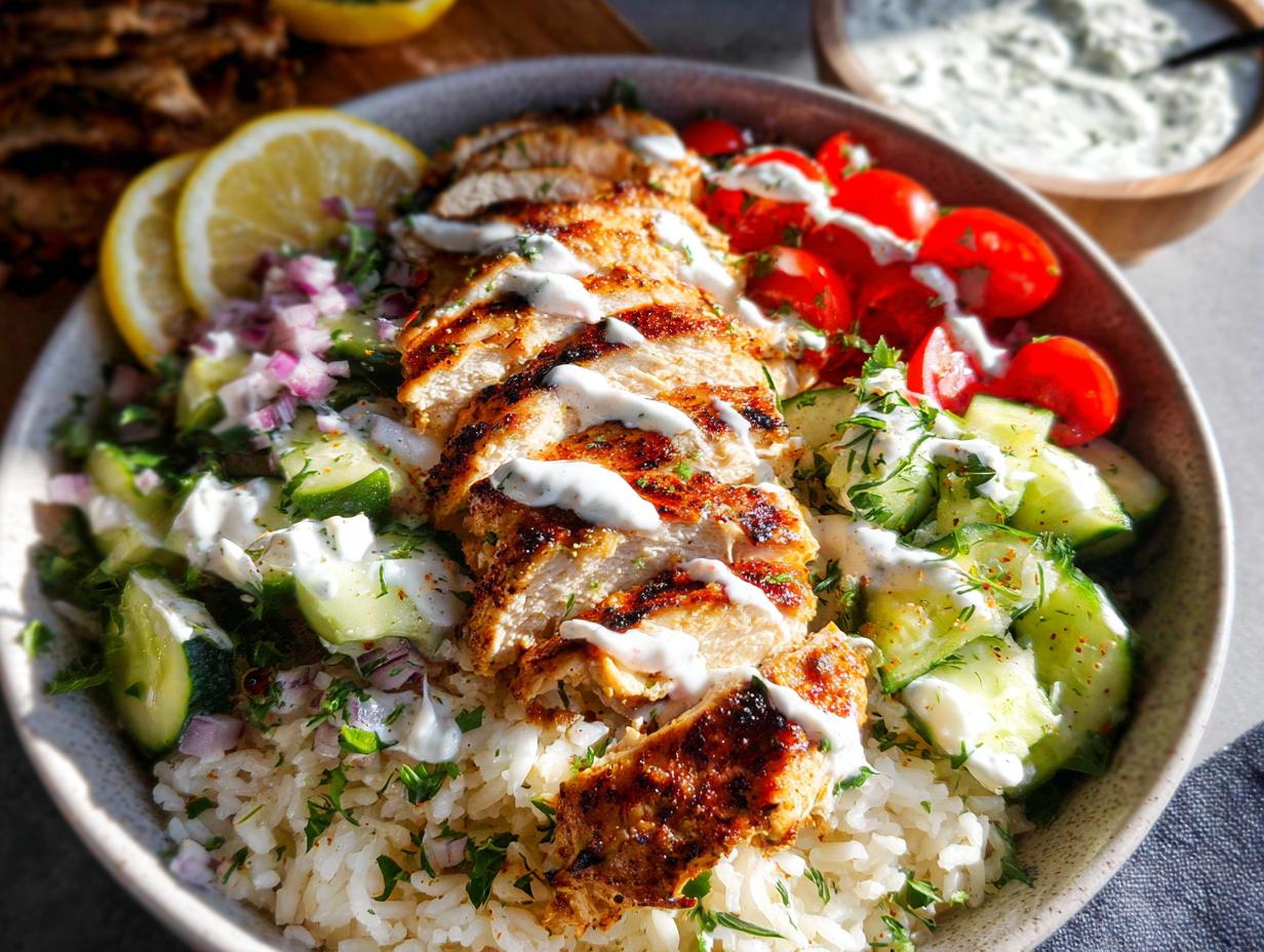 A close-up of a Greek Chicken Bowl featuring grilled chicken, rice, cucumber salad, tomatoes, and a drizzle of tzatziki sauce.