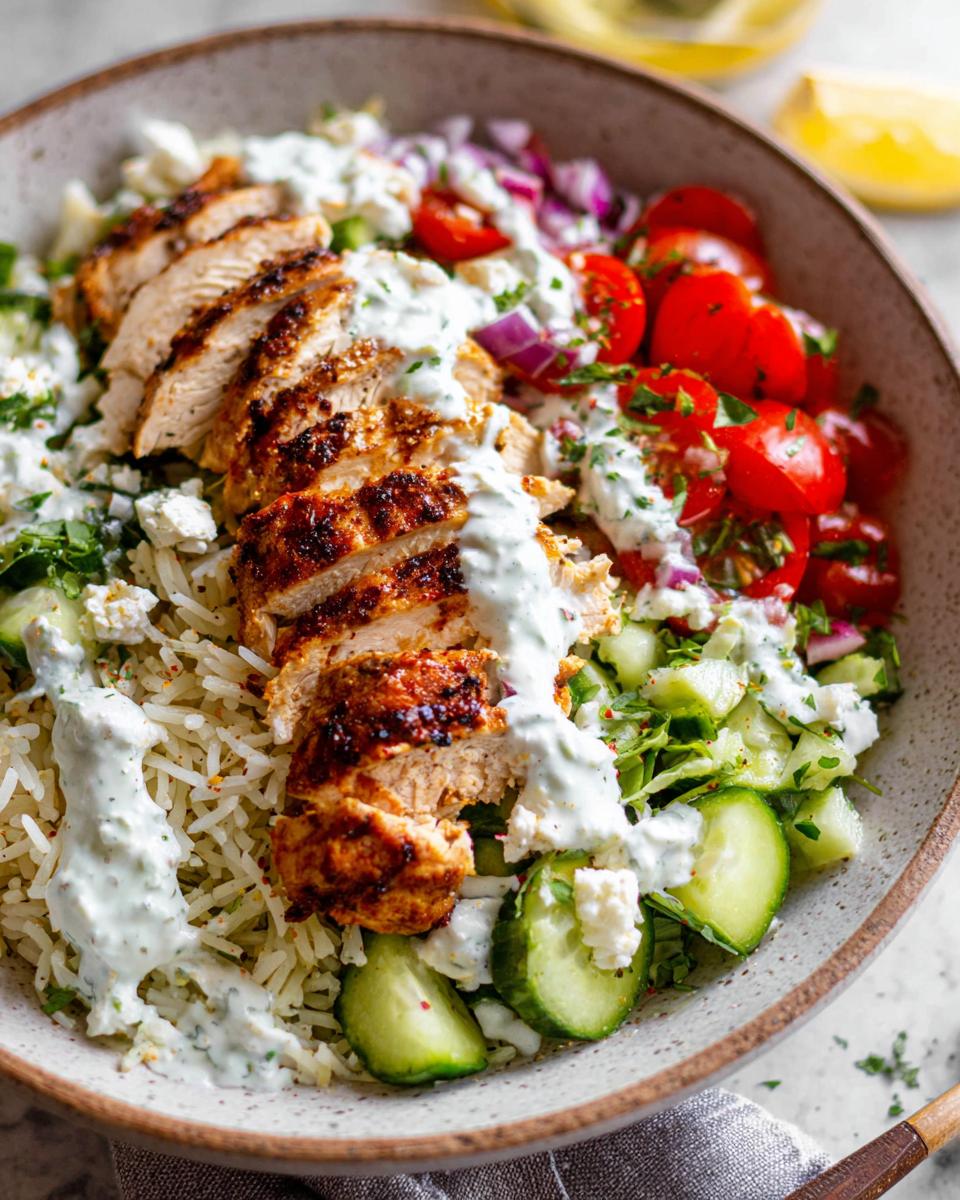 Close-up of a vibrant Greek Chicken Bowl featuring grilled chicken, rice, tomatoes, cucumbers, red onion, feta, and tzatziki sauce.
