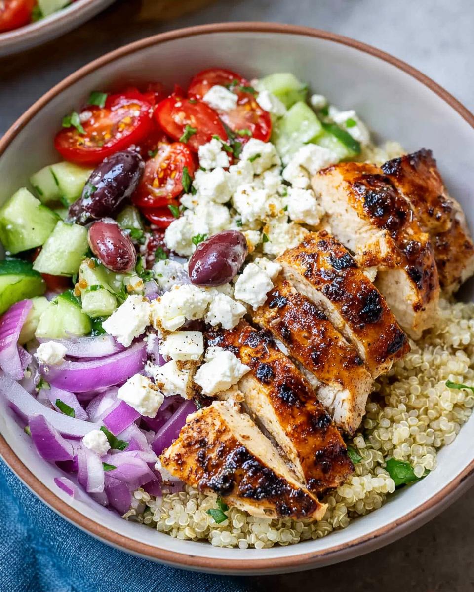 A vibrant bowl of Greek Chicken Bowls with quinoa, grilled chicken, tomatoes, cucumbers, red onion, olives, and feta cheese.
