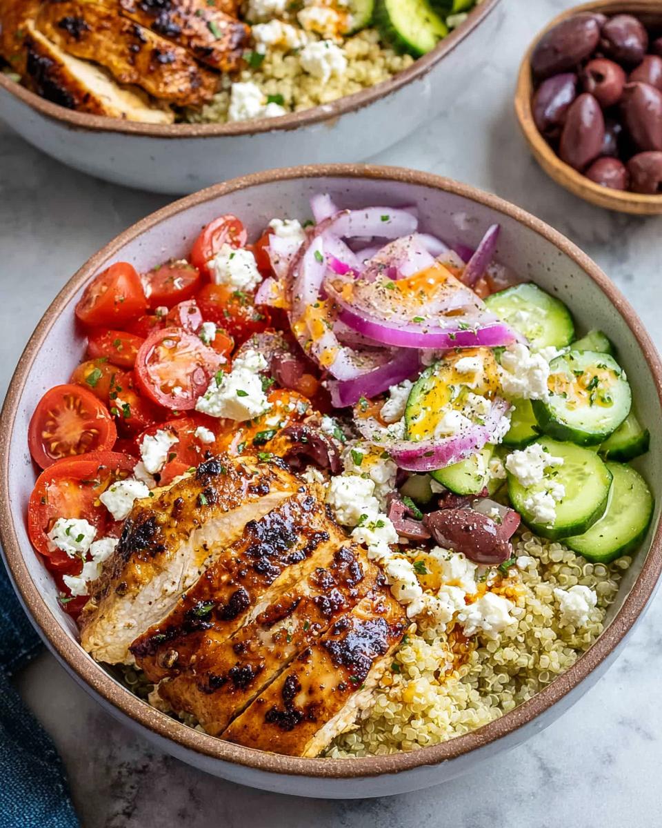 Close-up of a Greek Chicken Bowl with grilled chicken, quinoa, tomatoes, cucumbers, red onion, feta cheese, and olives.