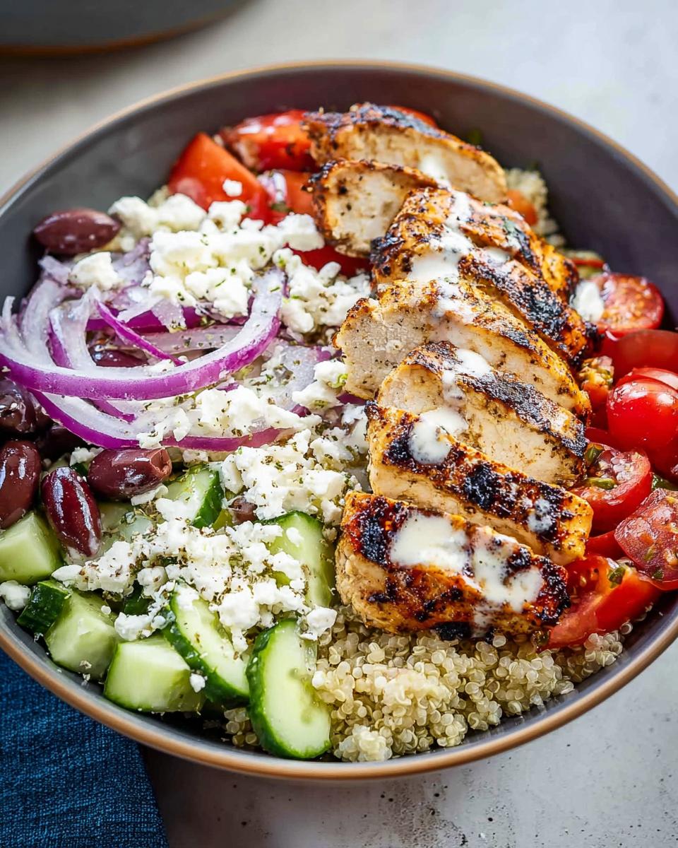 A close-up of a Greek Chicken Bowl with grilled chicken, quinoa, cucumber, tomatoes, red onion, olives, and feta cheese.
