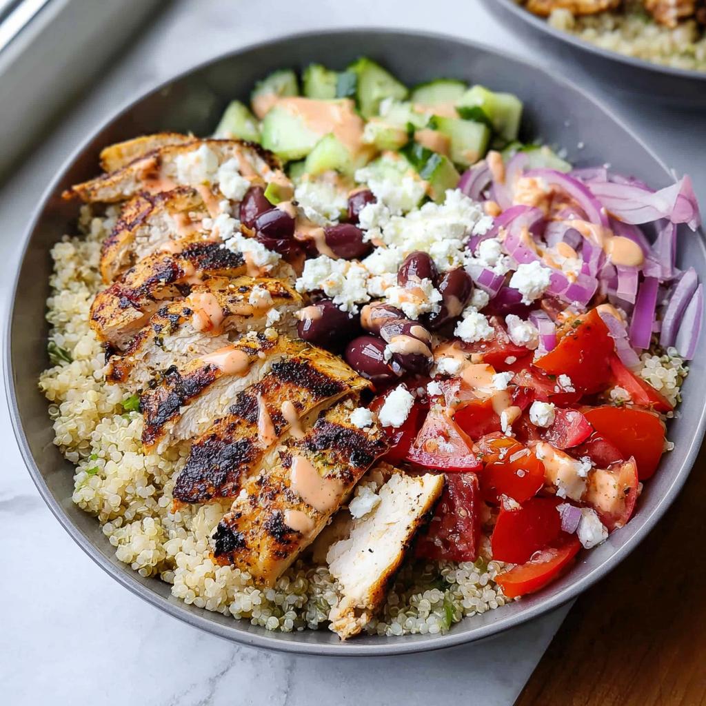 A close-up of a Greek Chicken Bowl with quinoa, grilled chicken, tomatoes, cucumbers, olives, feta cheese, and red onion.