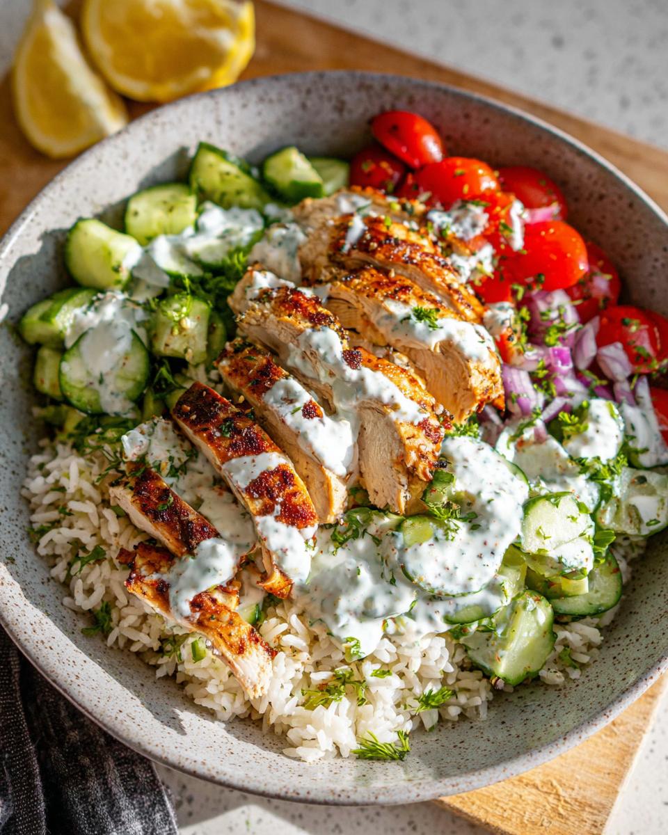 A close-up of a vibrant Greek Chicken Bowl with grilled chicken, rice, cucumbers, tomatoes, and creamy sauce.