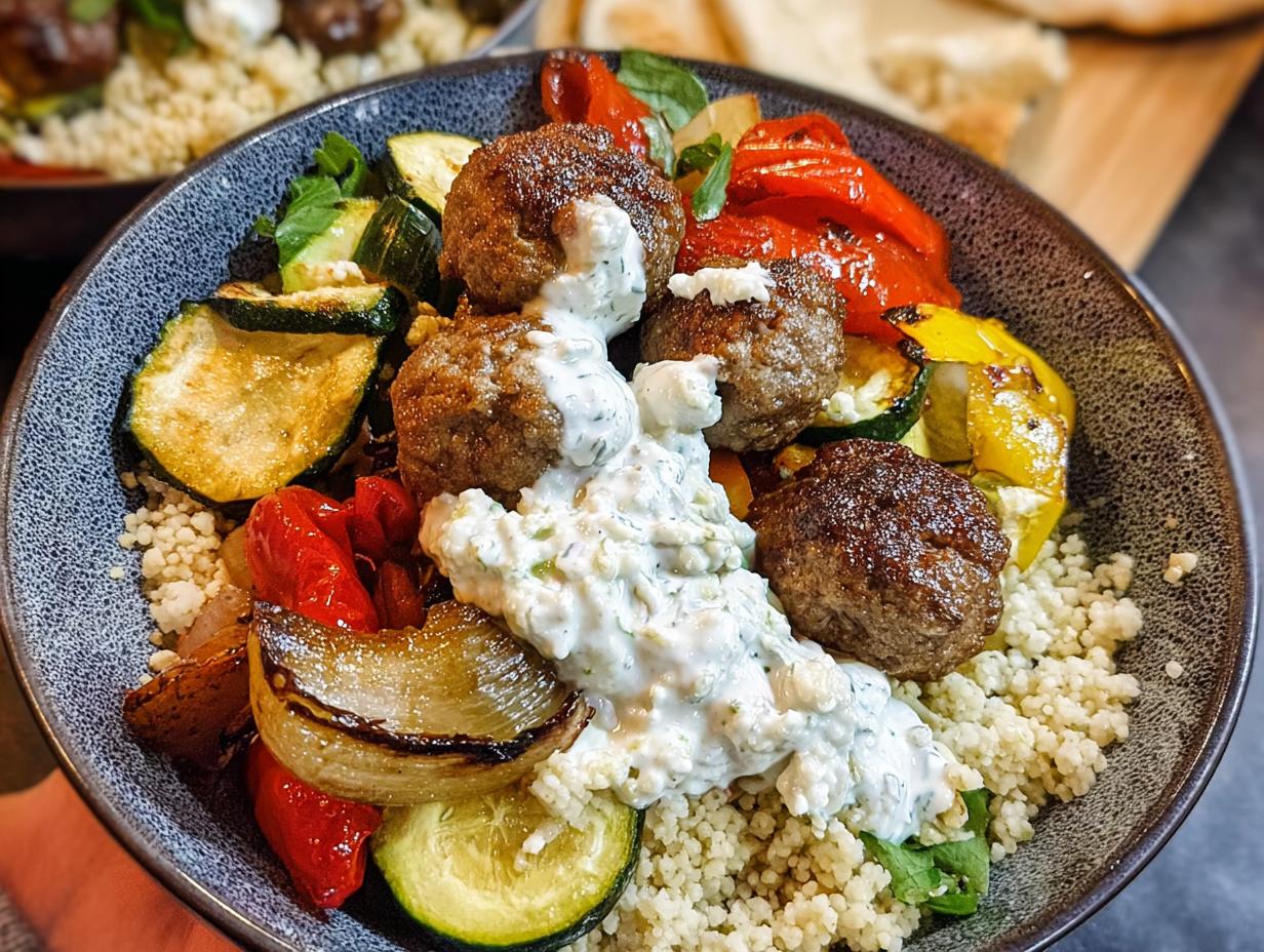 A delicious Greek Meatball Bowl Recipe featuring seasoned meatballs, grilled vegetables, and fluffy couscous, topped with a creamy sauce.