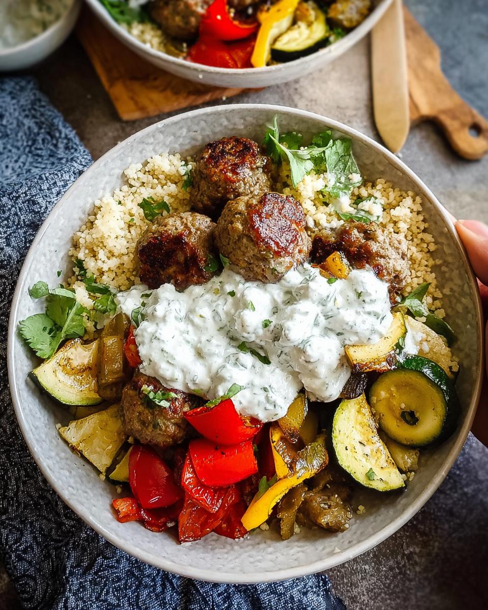 A delicious Greek Meatball Bowl Recipe featuring seasoned meatballs, couscous, roasted vegetables, and a creamy tzatziki sauce.